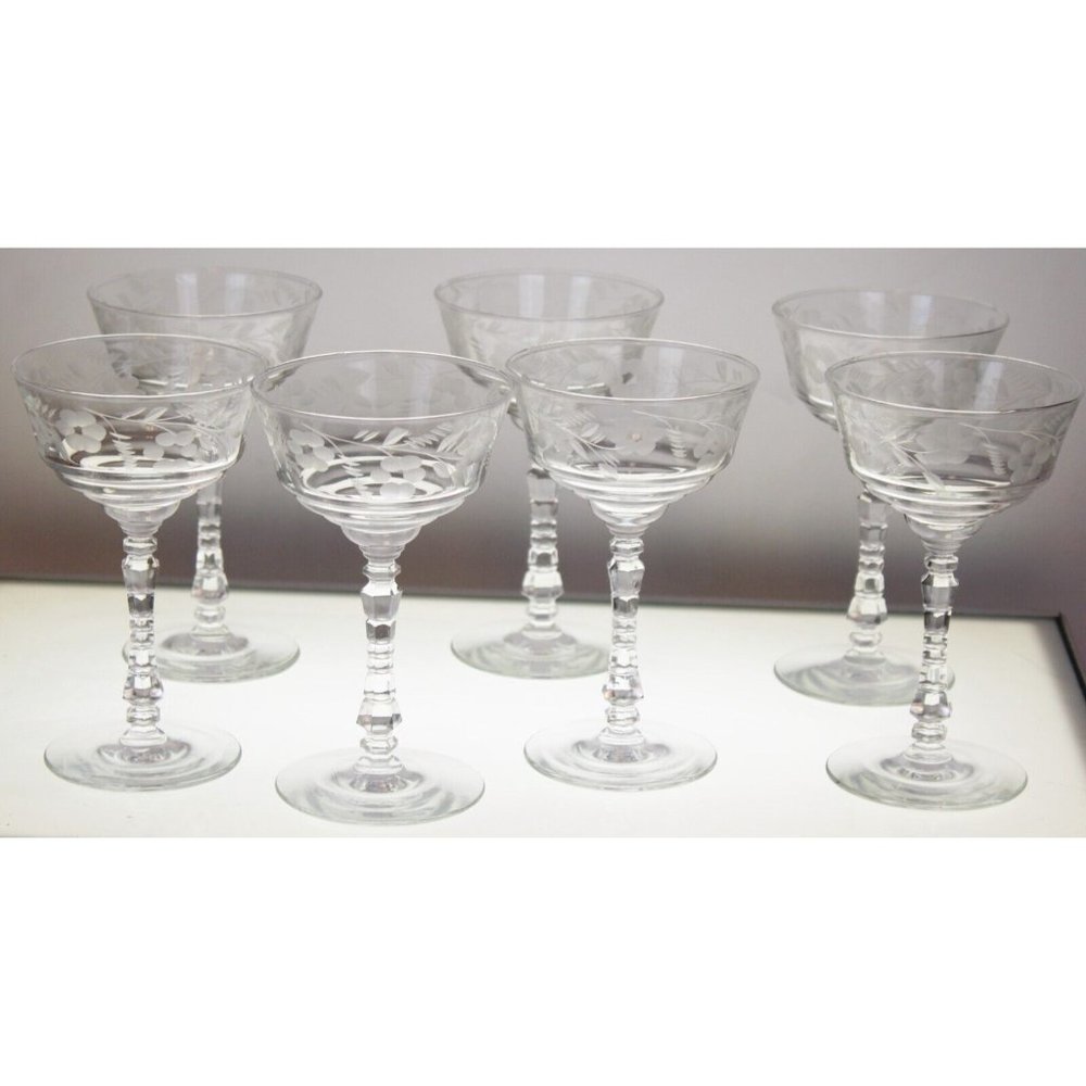 7 Rock Sharpe Halifax Tall Sherbet Champagne Glass Crystal Floral Etch Circa 40s